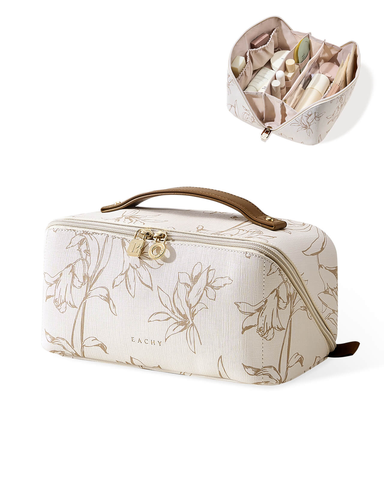 EACHY Travel Makeup Bag, Floral Cosmetic Bag for Women, Beige, Medium