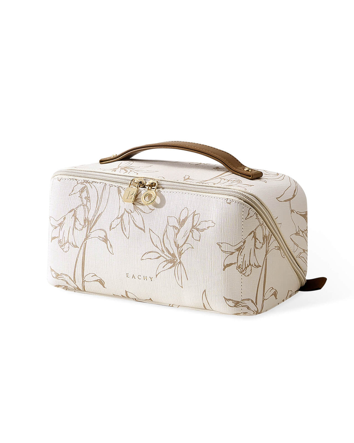 EACHY Travel Makeup Bag, Floral Cosmetic Bag for Women, Beige, Medium