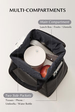 Open view of EACHY black lunch bag showing large capacity and compartments