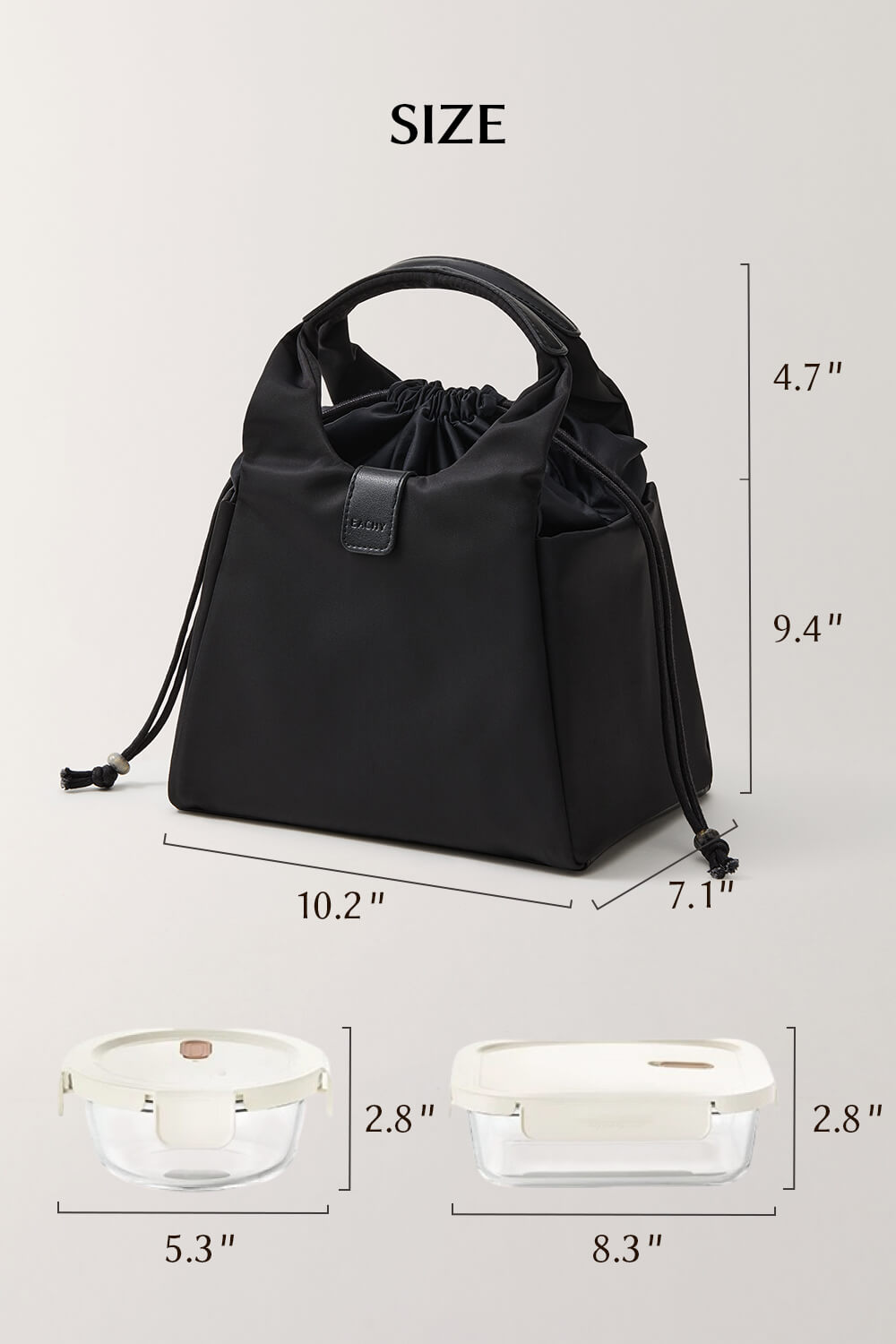 Dimensions and size chart of EACHY large capacity lunch bag