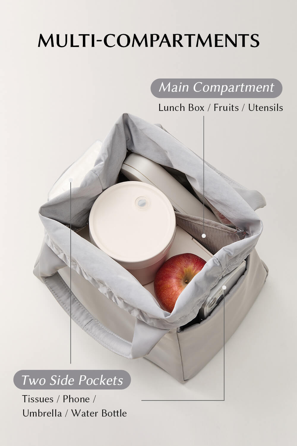 Top view inside EACHY grey lunch bag with fruit and container