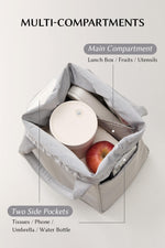 Top view inside EACHY grey lunch bag with fruit and container