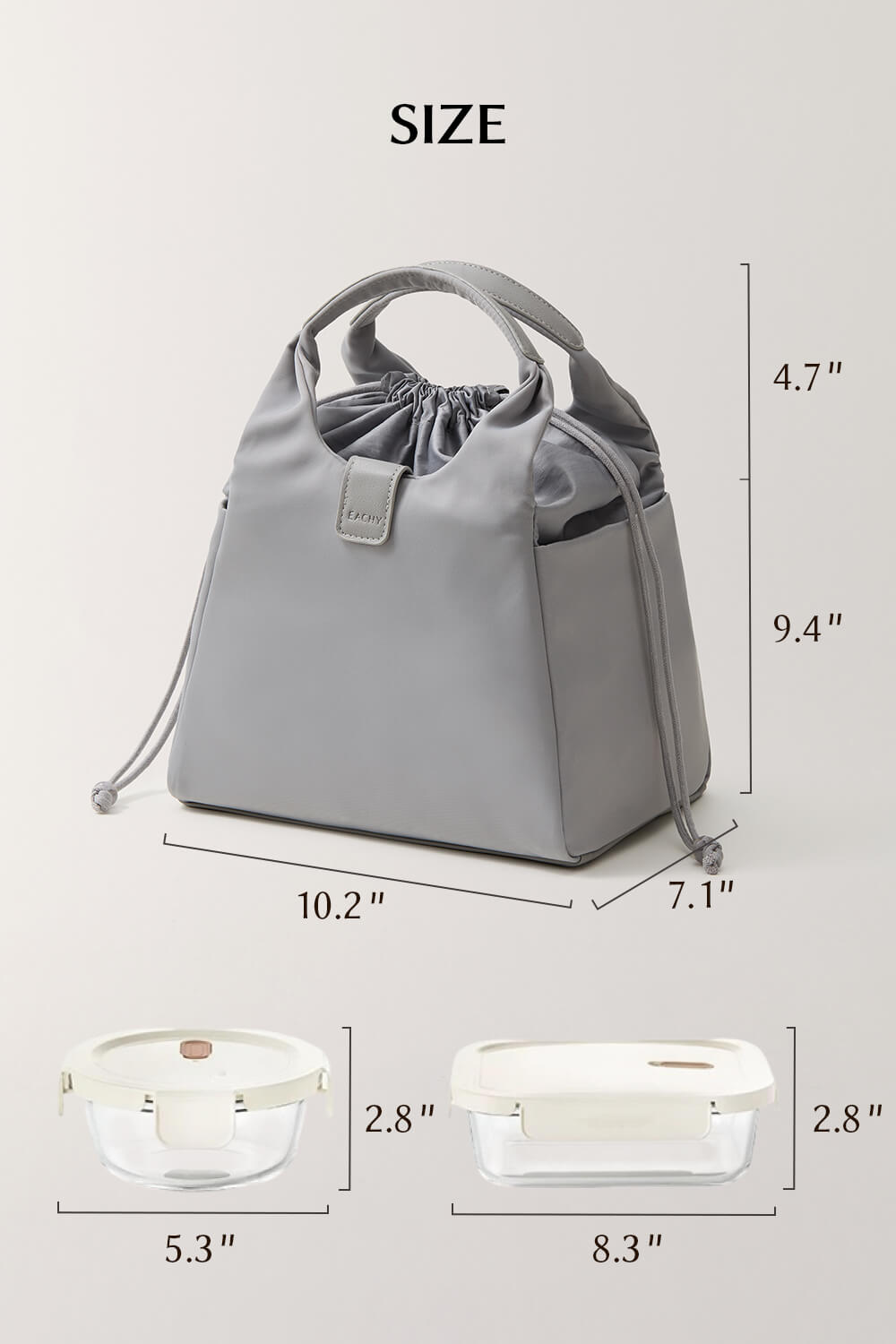 Specification chart for EACHY grey insulated lunch tote