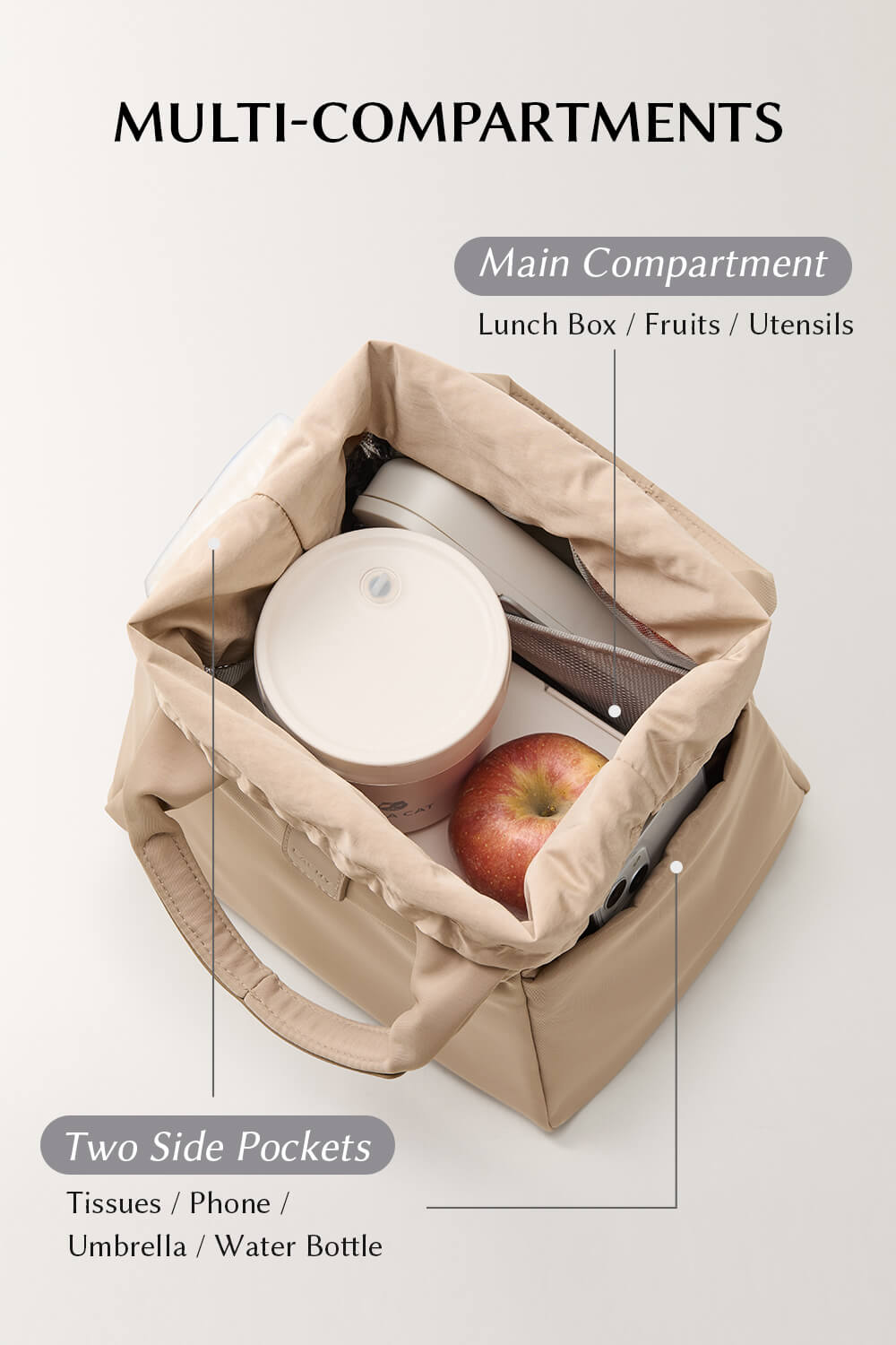 Interior storage space of EACHY beige lunch tote fitting bento box