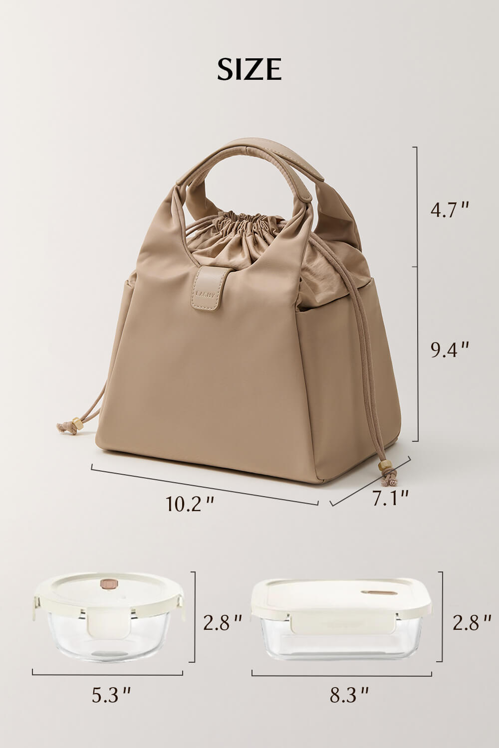EACHY lunch bag size guide showing height and width