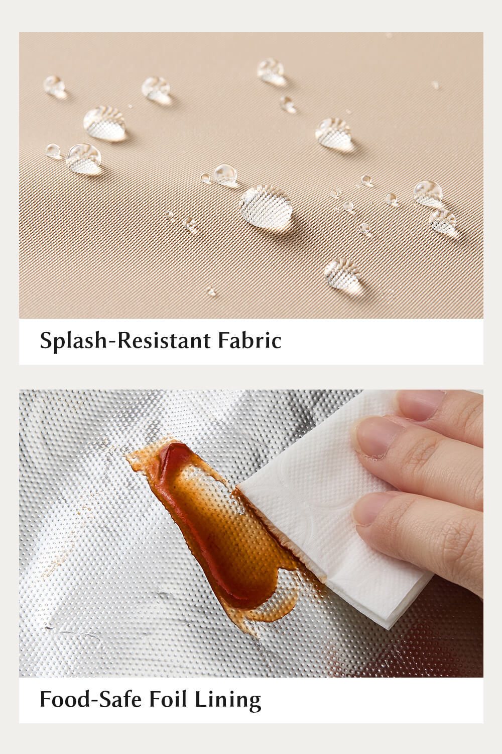 Thermal insulation layers detail of EACHY beige cooler bag