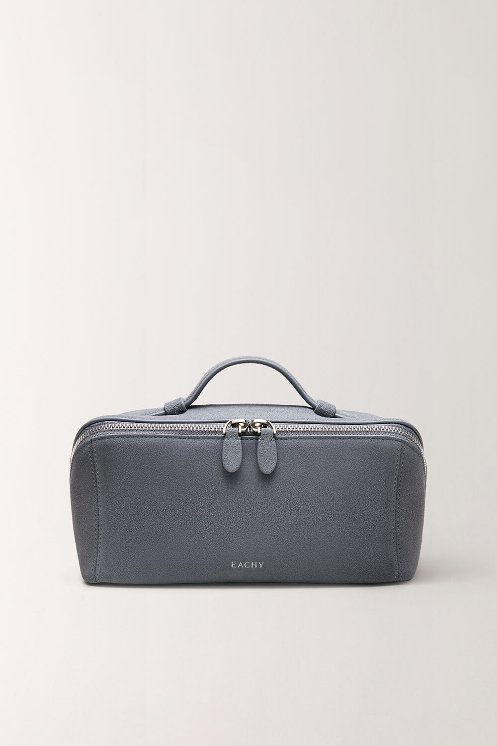 Front view of portable blue makeup organizer bag, soft texture toiletry pouch for travel