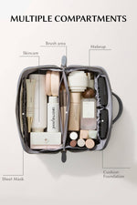 Lay-flat makeup bag interior showing multiple compartments, brush slots, and skincare organization pockets
