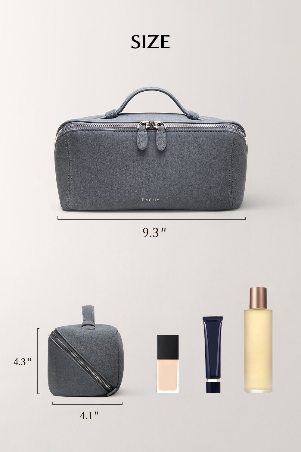 Size dimensions of blue makeup bag (9.3" x 4.1"), large capacity chart comparing with skincare bottles