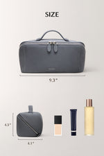 Size dimensions of blue makeup bag (9.3" x 4.1"), large capacity chart comparing with skincare bottles