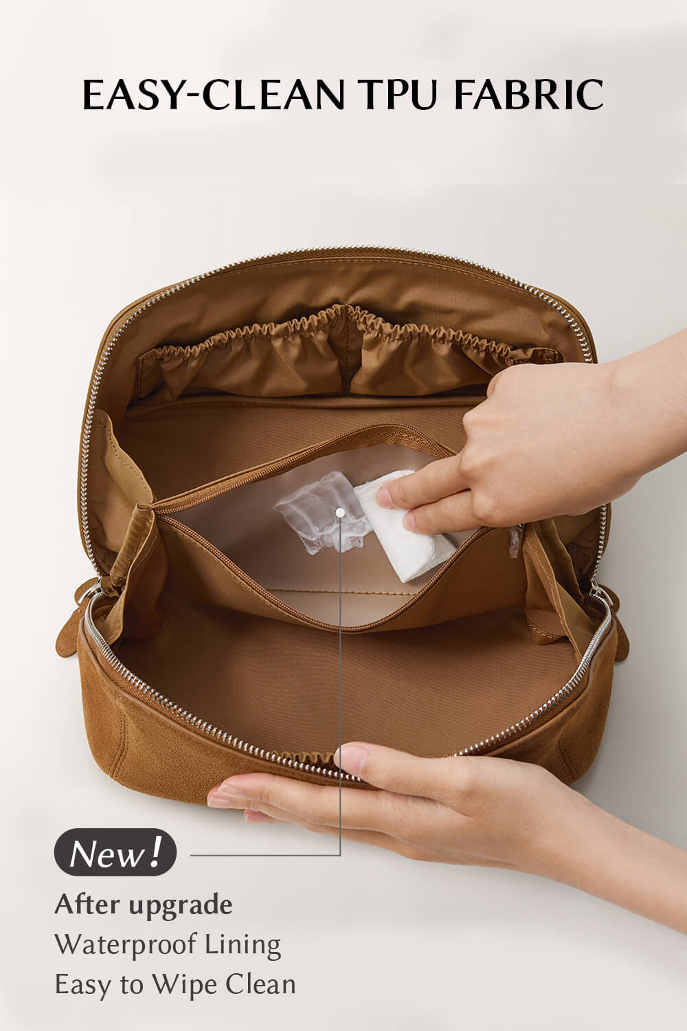 Close-up of easy-clean TPU waterproof lining, stain-resistant brown makeup bag interior