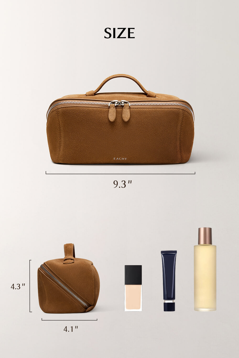 Size dimensions of large brown cosmetic bag (9.3" width), travel capacity guide for toiletries