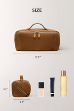 Size dimensions of large brown cosmetic bag (9.3" width), travel capacity guide for toiletries