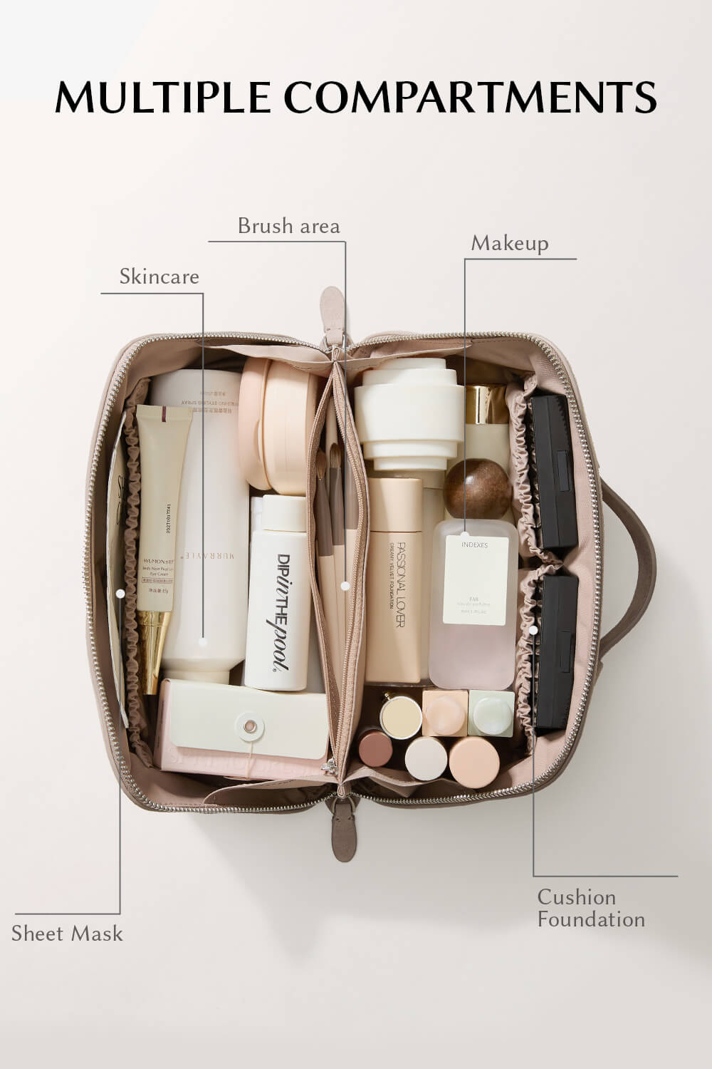 Flat lay makeup bag organizer gray showing internal compartments and storage