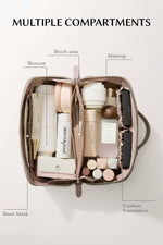 Flat lay makeup bag organizer gray showing internal compartments and storage