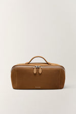 Front view of brown toiletry bag, soft texture makeup organizer pouch for women