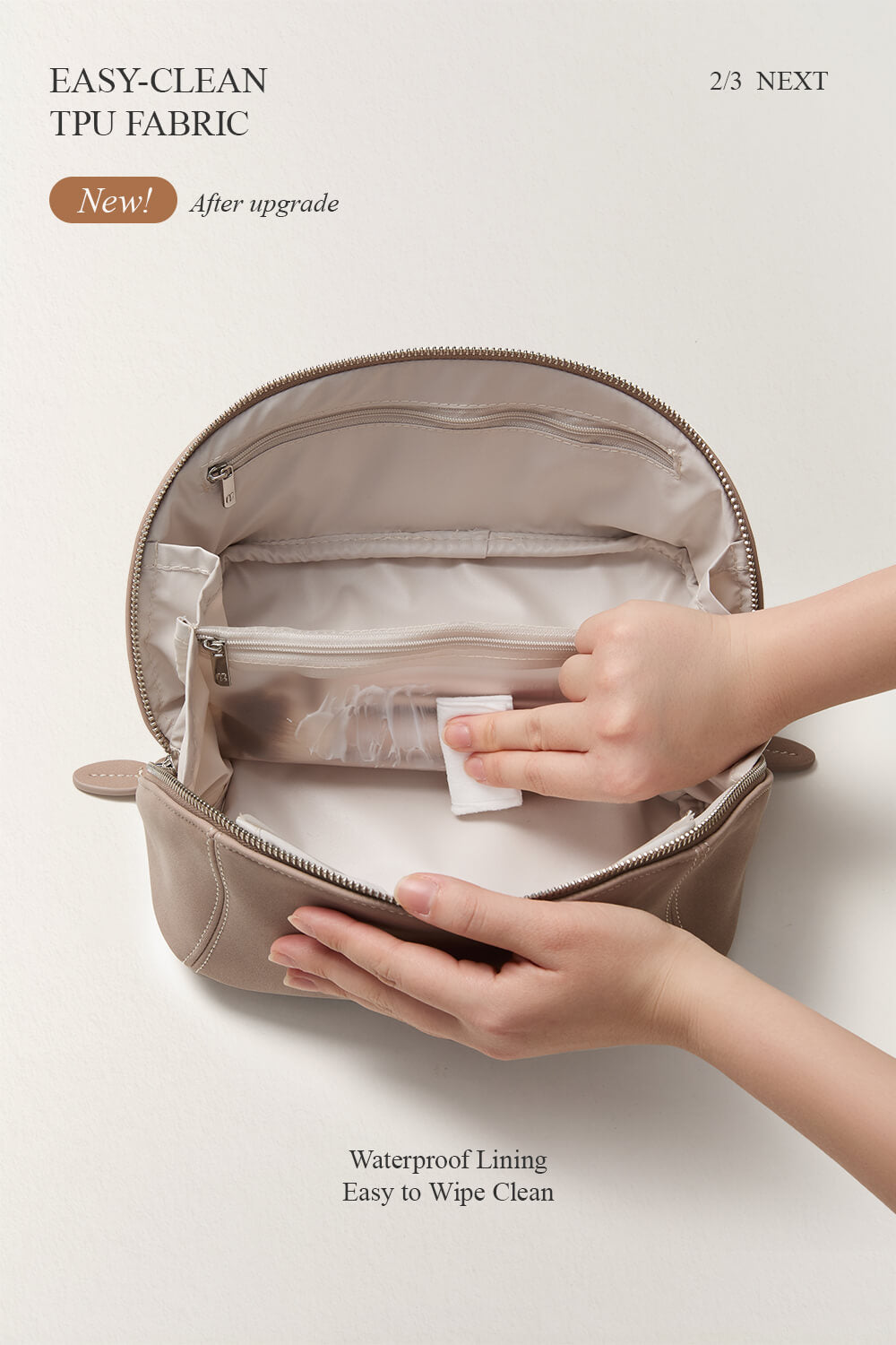 Cleaning the interior of purple makeup bag, stain-resistant travel toiletry bag.