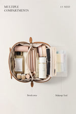 Interior organization layout of brown makeup bag, wide opening travel cosmetic bag.